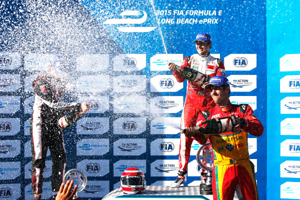 2014/2015 FIA Formula E Championship.
Long Beach ePrix, Long Beach, California, United States of America.
Sunday 5 April 2015
Podium. Nelson Piquet Jr (BRA)/China Racing - Spark-Renault SRT_01E, first, Jean-Eric Vergne (FRA)/Andretti Motorsport - Spark-Renault SRT_01E, second and Lucas di Grassi (BRA)/Audi Abt Sport - Spark-Renault SRT_01E, third.
Photo: Zak Mauger/LAT/Formula E
ref: Digital Image _L0U8755
2014/2015 FIA Formula E Championship.
Long Beach ePrix, Long Beach, California, United States of America.
Sunday 5 April 2015
Podium. Nelson Piquet Jr (BRA)/China Racing - Spark-Renault SRT_01E, first, Jean-Eric Vergne (FRA)/Andretti Motorsport - Spark-Renault SRT_01E, second and Lucas di Grassi (BRA)/Audi Abt Sport - Spark-Renault SRT_01E, third.
Photo: Zak Mauger/LAT/Formula E
ref: Digital Image _L0U8755