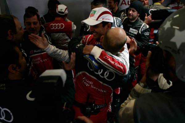 Silverstone, England. 24th - 26th August 2012. Rd 4.
Andre Lotterer (GER), Marcel Fassler (CHE), Benoit Treluyer (FRA), Audi Sport Team Joest, Audi R18 E-Tron Quatrro, celebrate winning the 6 hours of Silverstone, Portrait, 
World Copyright: Chris Bird/LAT Photographic.
Ref:  _A1A0863