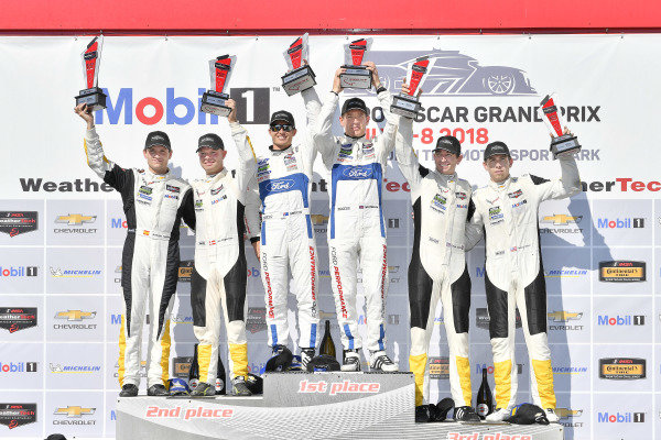 #67 Chip Ganassi Racing Ford GT, GTLM: Ryan Briscoe, Richard Westbrook celebrates the win on the podium with
#3 Corvette Racing Chevrolet Corvette C7.R, GTLM: Antonio Garcia, Jan Magnussen, #4 Corvette Racing Chevrolet Corvette C7.R, GTLM: Oliver Gavin, Tommy Milner