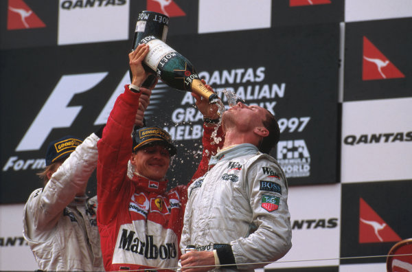 Albert Park, Melbourne, Australia.
7-9 March 1997.
David Coulthard (McLaren Mercedes) 1st position, Michael Schumacher (Ferrari) 2nd position and Mika Hakkinen (McLaren Mercedes) 3rd position celebtrate on the podium.
Ref-97 AUS 04.
World Copyright - LAT Photographic Albert Park, Melbourne, Australia.
7-9 March 1997.
David Coulthard (McLaren Mercedes) 1st position, Michael Schumacher (Ferrari) 2nd position and Mika Hakkinen (McLaren Mercedes) 3rd position celebtrate on the podium.
Ref-97 AUS 04.
World Copyright - LAT Photographic